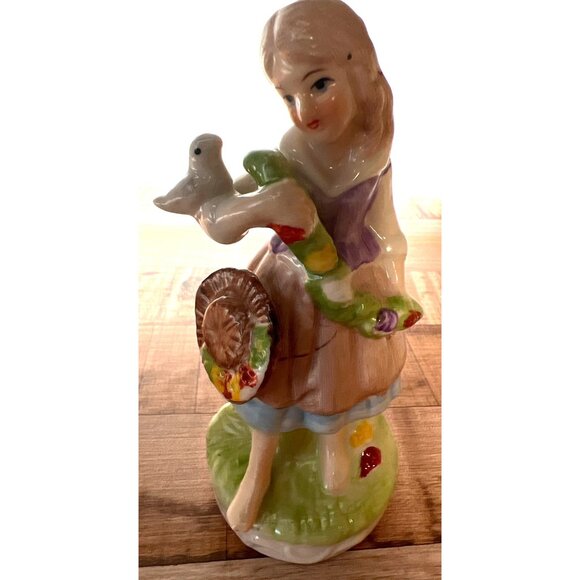 Vintage Hand-Painted Ceramic Figurine Girl Holding Bird Floral Accents Country C - Picture 2 of 4